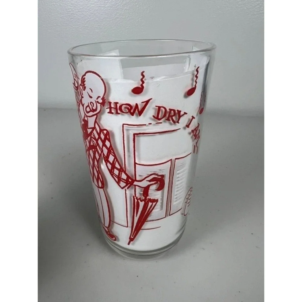 Vintage Mid-Century Musical Highball Glasses Flying Trapeze How Dry I Am Set 2